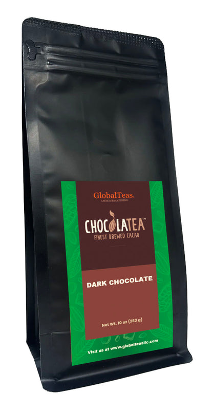 A black pouch labeled "Chocolatea Dark Chocolate" by GlobalTeas, featuring a colorful design and net weight of 10 oz.