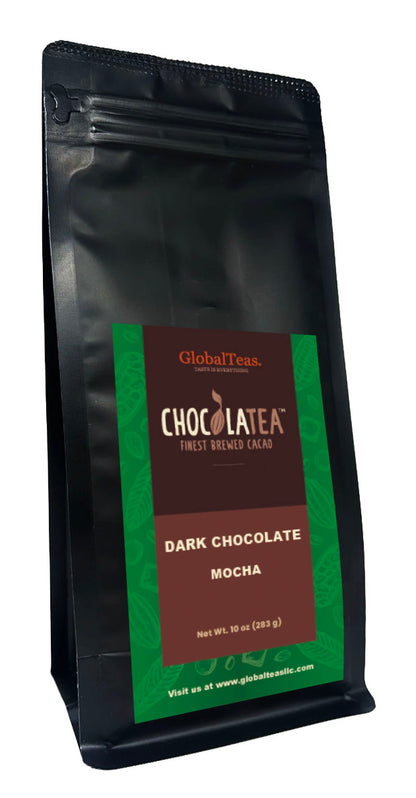 A black resealable bag of "Chocolatea" dark chocolate mocha, weighing 10 ounces, featuring a green and brown label.