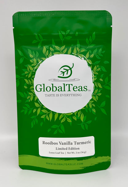 Green pouch labeled "Rooibos Vanilla Hibiscus" with nature design and GlobalTeas logo, for rooibos loose leaf tea.