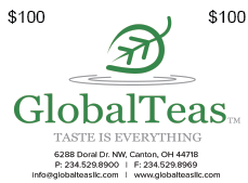 Global Teas $100 gift card, ideal for purchasing a diverse range of international teas and accessories.