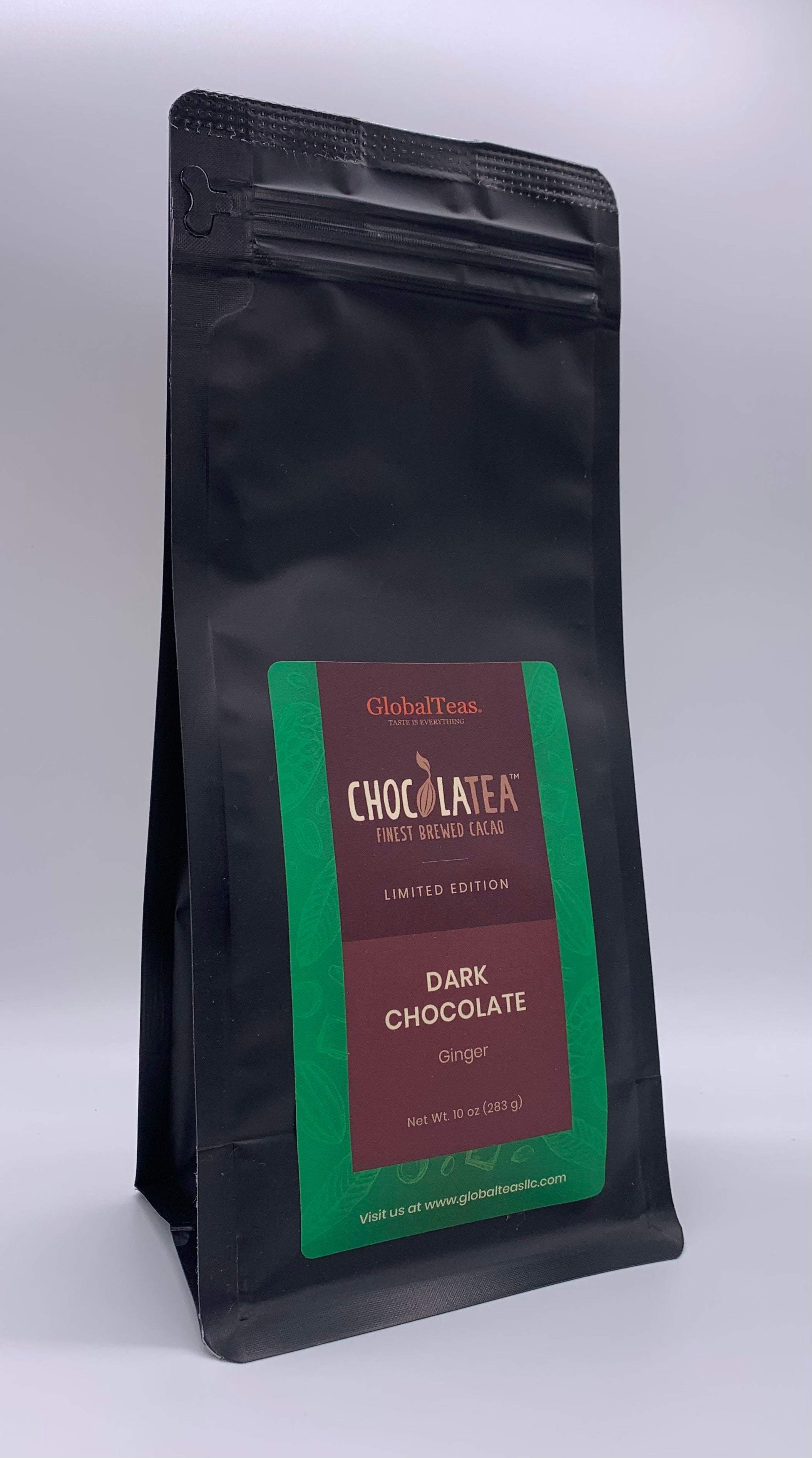 A black package of ChocolaTEA, labeled "Dark Chocolate Ginger," highlighting a limited edition by GlobalTeas.