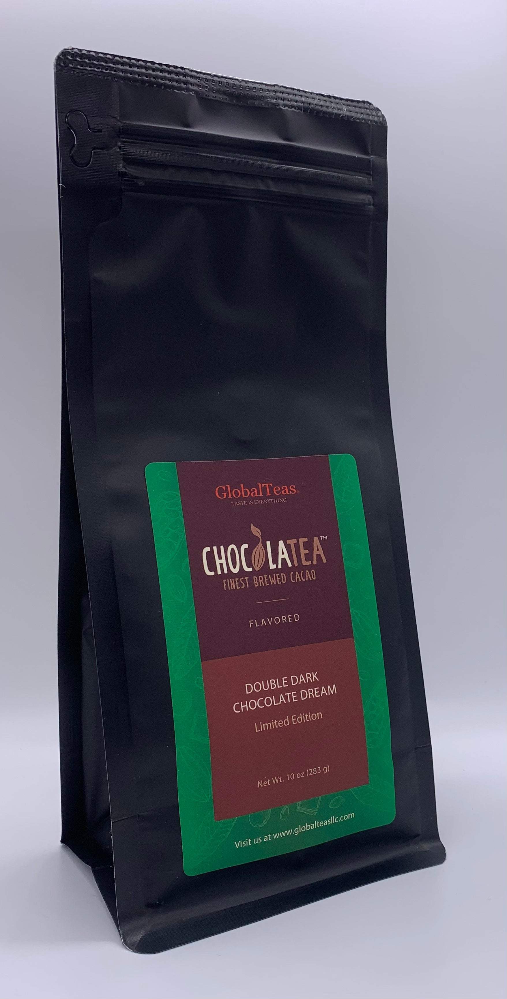 Black packaging of GlobalTeas ChocoLatea with "Double Dark Chocolate Dream" label; 10 oz. net weight, limited edition.