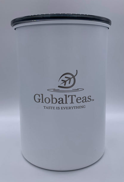 White tea tin in a medium matte canister, ideal for global tea enthusiasts.
