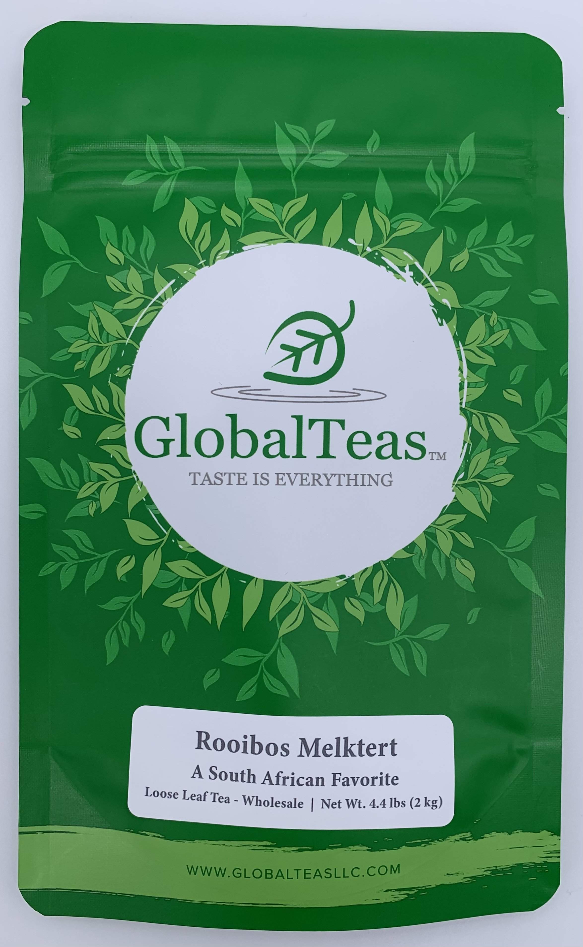 Green packaging of GlobalTeas' "Rooibos Melktert," a South African rooibos loose leaf tea, 4.4 lbs.