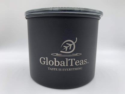 A sleek black container featuring the text Global Tea in a bold font.