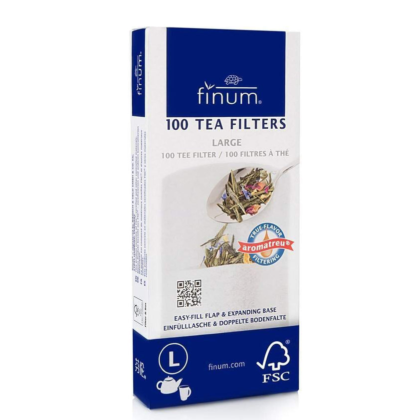 Packaging of Finum large tea filters with 100 count, featuring loose tea and easy-fill design for organic teas.